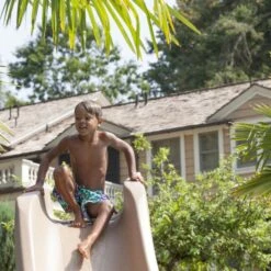 SR Smith Typhoon Pool Slide, Left Turn, Sandstone -Crystal Clear Pool 4068 sand april2023c 1